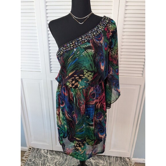 Bisou Bisou Dress Womens 10 Off Shoulder Multi Peacock Beaded Sequin Sheer Party - Picture 1 of 14